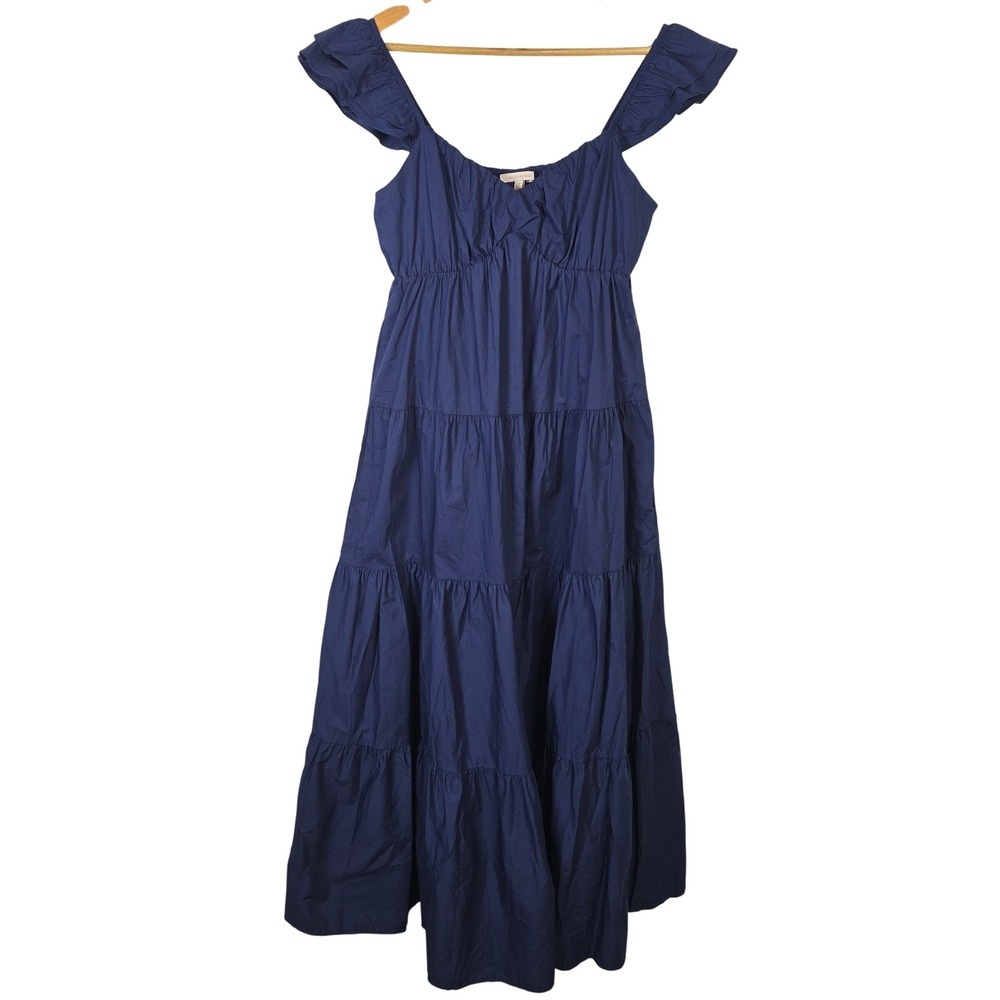 Skies‎ Are Blue Poplin Ruffle Sleeve Maxi Navy Blue Tiered Dress Cotton Size M